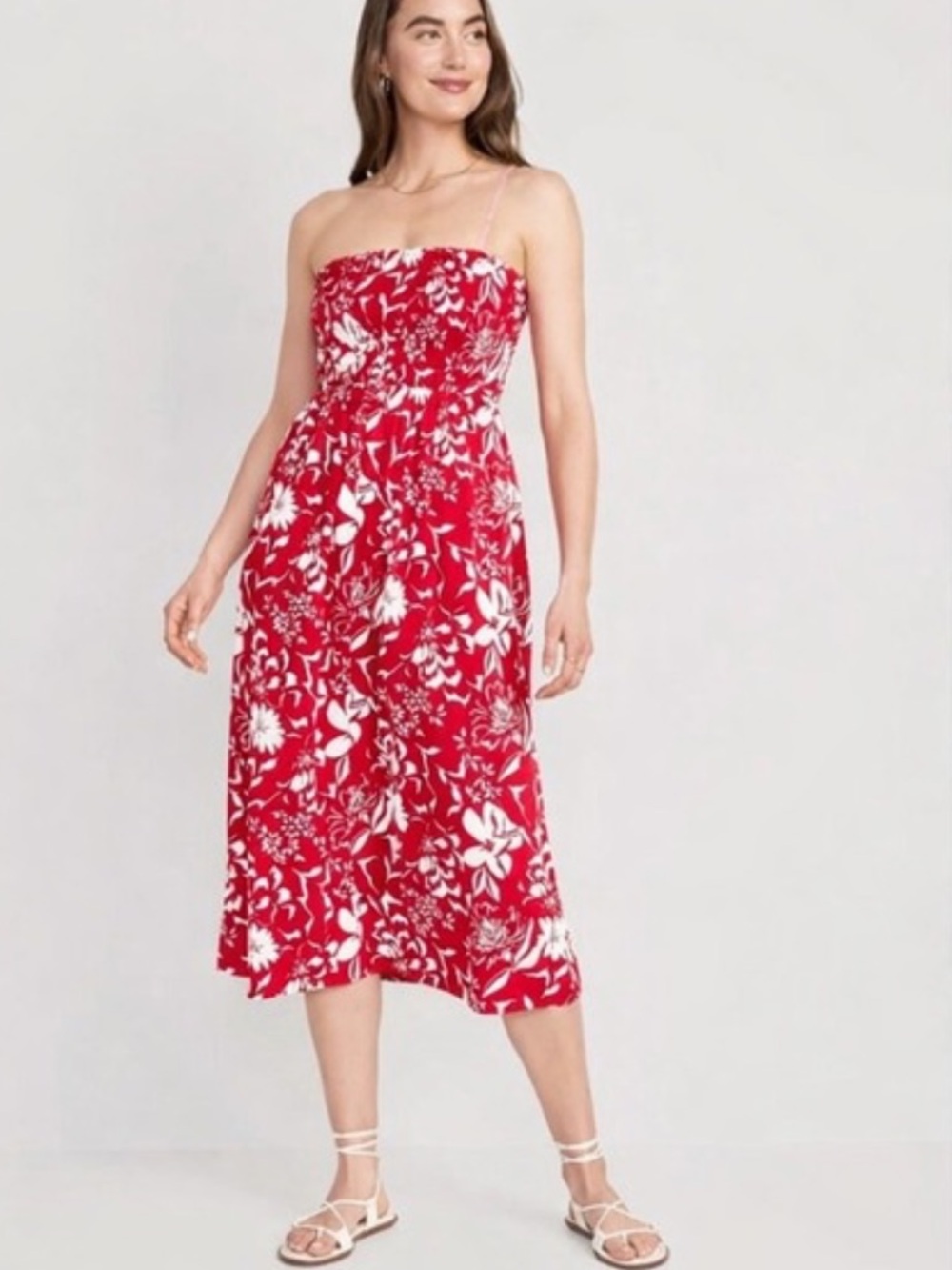 Old Navy Red and White Floral Smocked Strapless Dress Size L